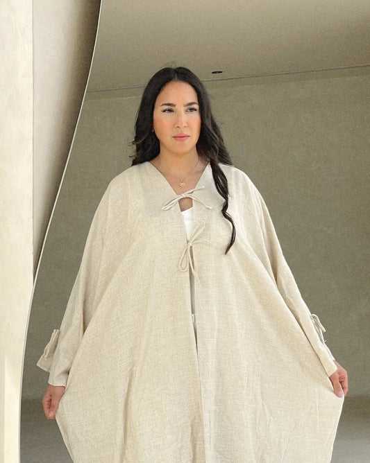 linen abaya, open abaya, open linen abaya, open linen bow abaya, simple abaya