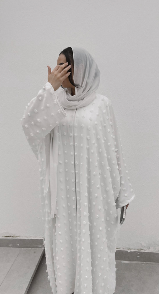 white abaya, white dot abaya, open white abaya 