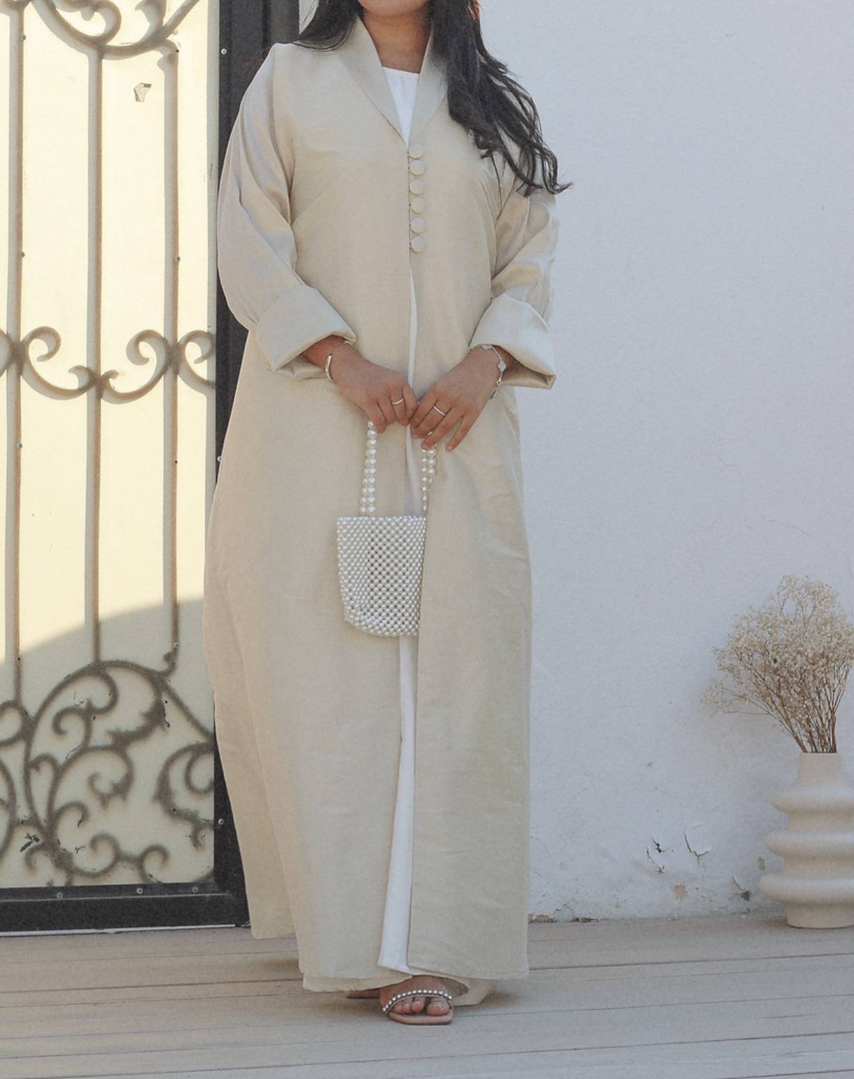 classy abaya, simple abaya, button abaya, open abaya, beige abaya, cute abaya, simple abaya