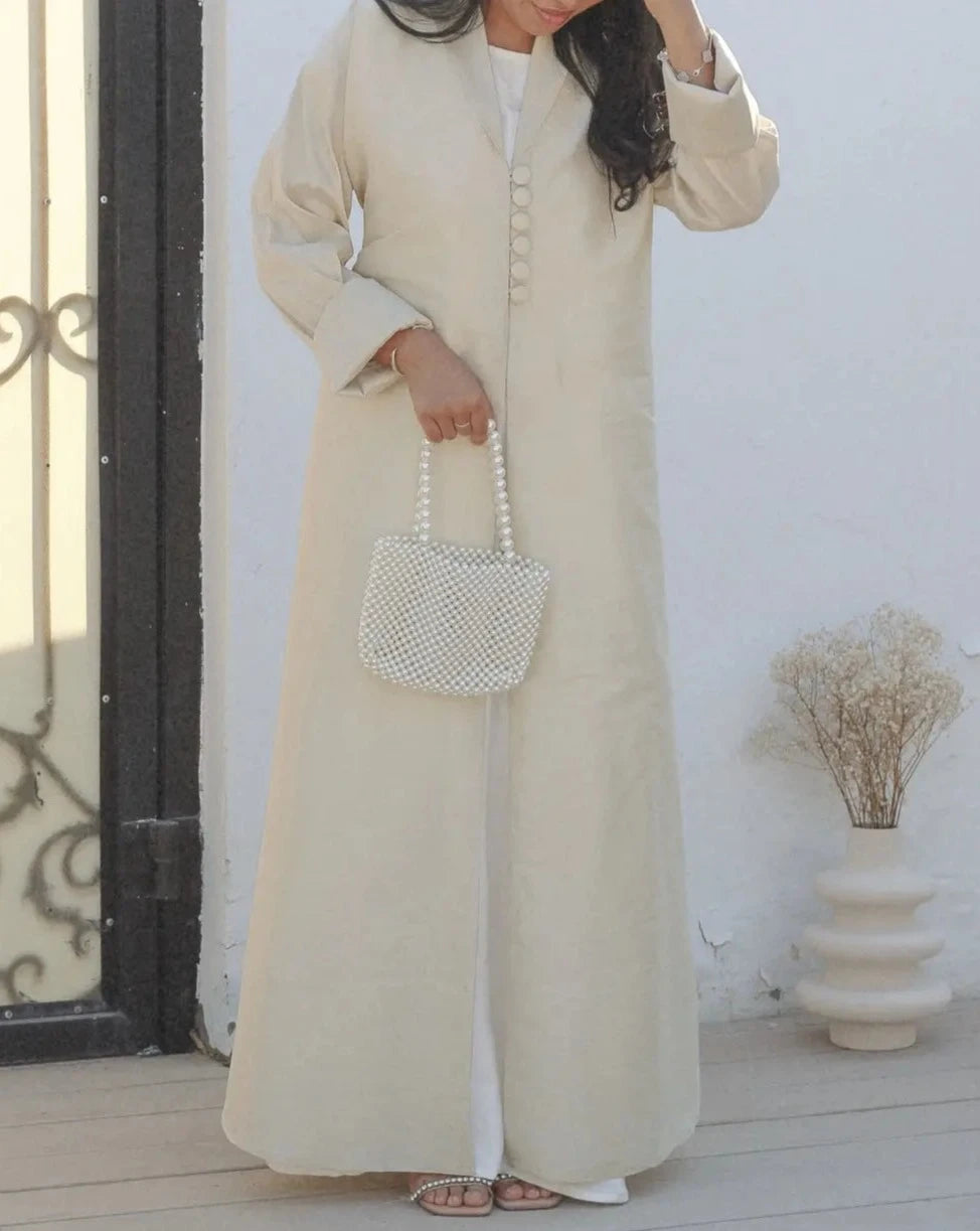 classy abaya, simple abaya, button abaya, open abaya, beige abaya, cute abaya, simple abaya